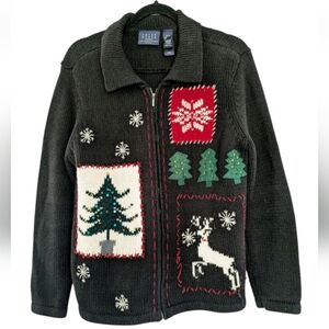 Crazy Horse Christmas Sweater Petite Large Women Black Cardigan Holiday Full Zip